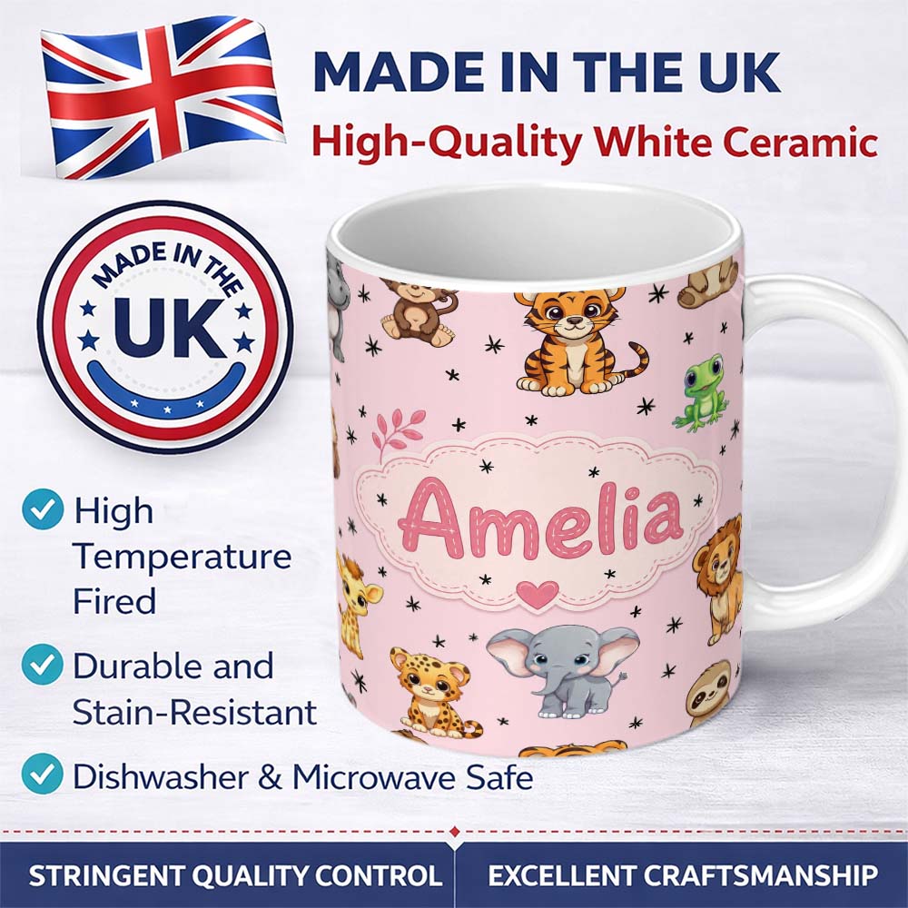 Personalized Custom Name Cute Jungle Baby Animals Tiger Elephant Giraffe Pattern Pink 11oz Ceramic Coffee Tea Mug White Large Handle