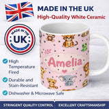 Personalized Custom Name Cute Jungle Baby Animals Tiger Elephant Giraffe Pattern Pink 11oz Ceramic Coffee Tea Mug White Large Handle