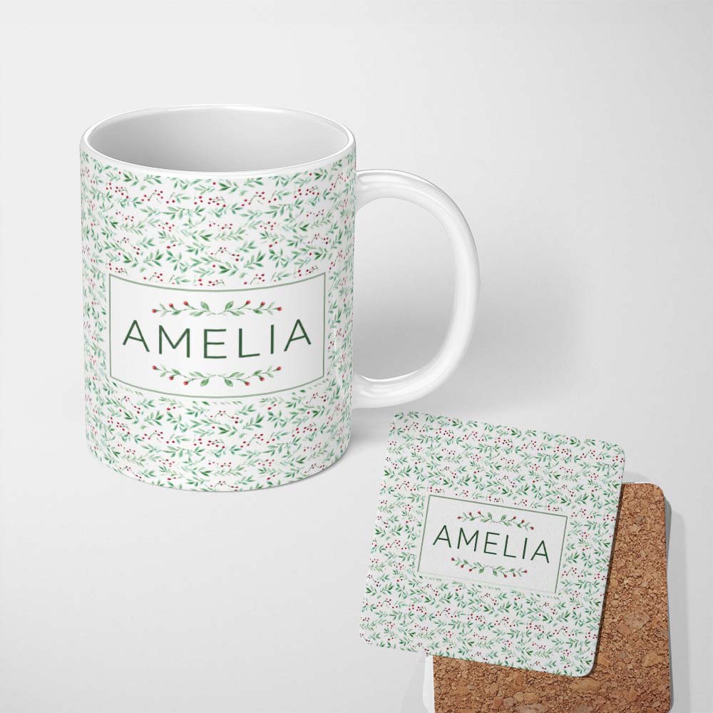 Personalized Custom Name Watercolor Green Leaves and Red Berry Seamless Botanical Pattern 11oz Ceramic Coffee Tea Mug White Large Handle