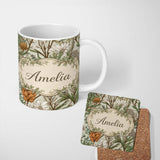 Personalized Custom Name Botanical Garden Floral Pattern Natural Tones Beautiful Coffee Cup 11oz Ceramic Coffee Tea Mug White Large Handle