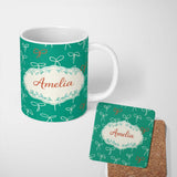 Personalized Custom Name Minimal Bow Line Art Green Background Cute Seamless Pattern Lovely 11oz Ceramic Coffee Tea Mug White Large Handle