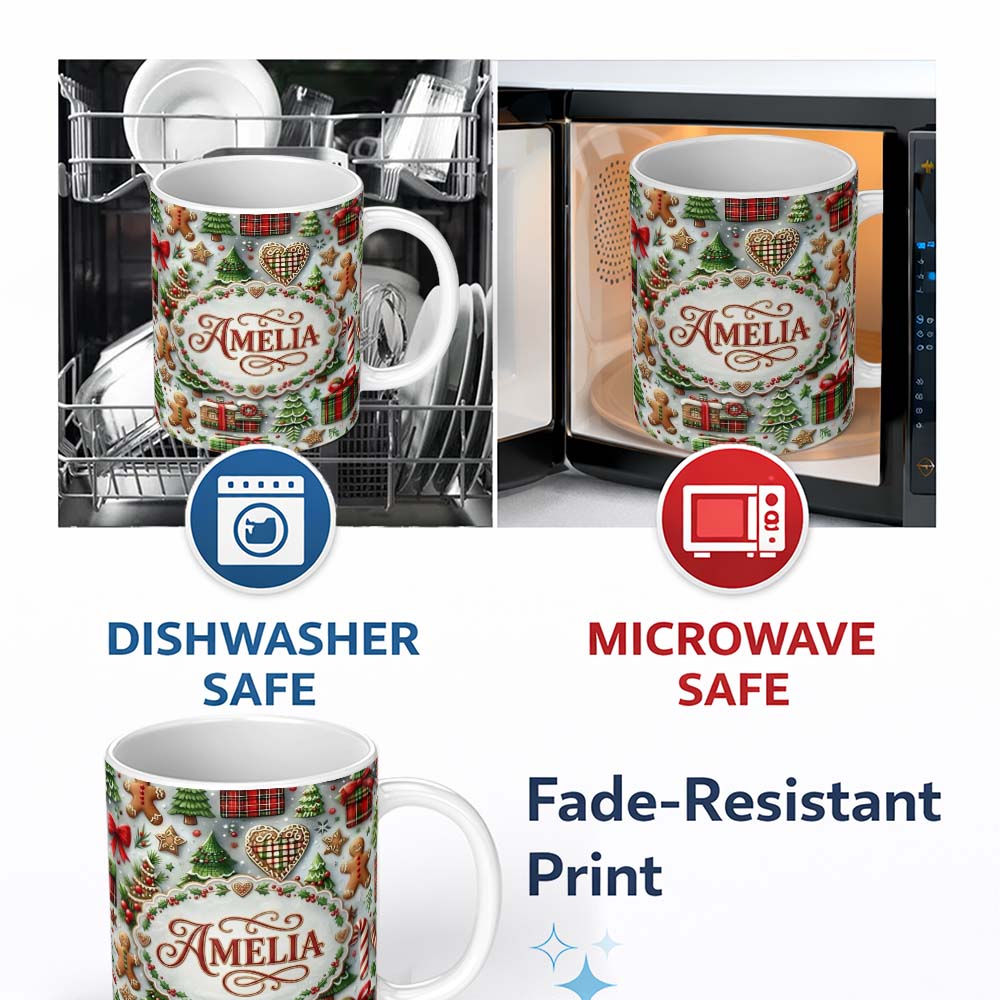 Personalized Custom Name Christmas Gingerbread House Tree Cookie Festive Seamless Pattern 11oz Ceramic Coffee Tea Mug White Large Handle