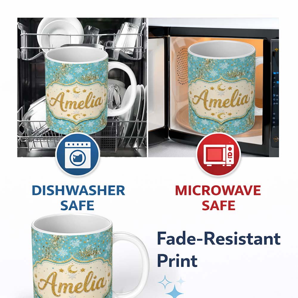 Personalized Custom Name Light Blue Gold Snowflake Star Glitter Christmas Seamless Pattern 11oz Ceramic Coffee Tea Mug White Large Handle