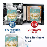 Personalized Custom Name Light Blue Gold Snowflake Star Glitter Christmas Seamless Pattern 11oz Ceramic Coffee Tea Mug White Large Handle