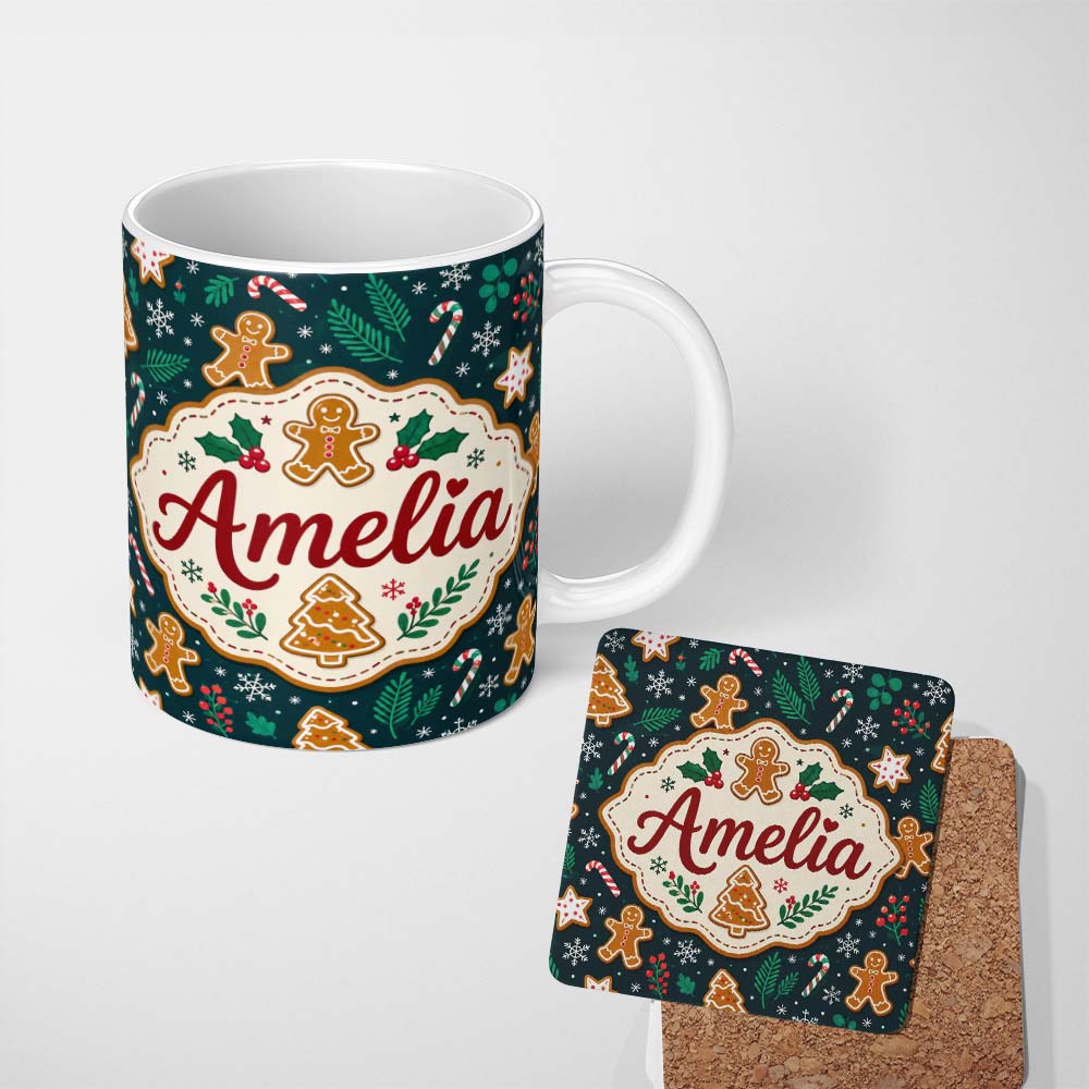 Personalized Custom Name Cute Gingerbread Cookies Candy Canes Holly Festive Seamless Pattern 11oz Ceramic Coffee Tea Mug White Large Handle