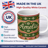 Personalized Custom Name Cute Reindeer Gift Box Nordic Knit Seamless Pattern Cute Unique Gift 11oz Ceramic Coffee Tea Mug White Large Handle