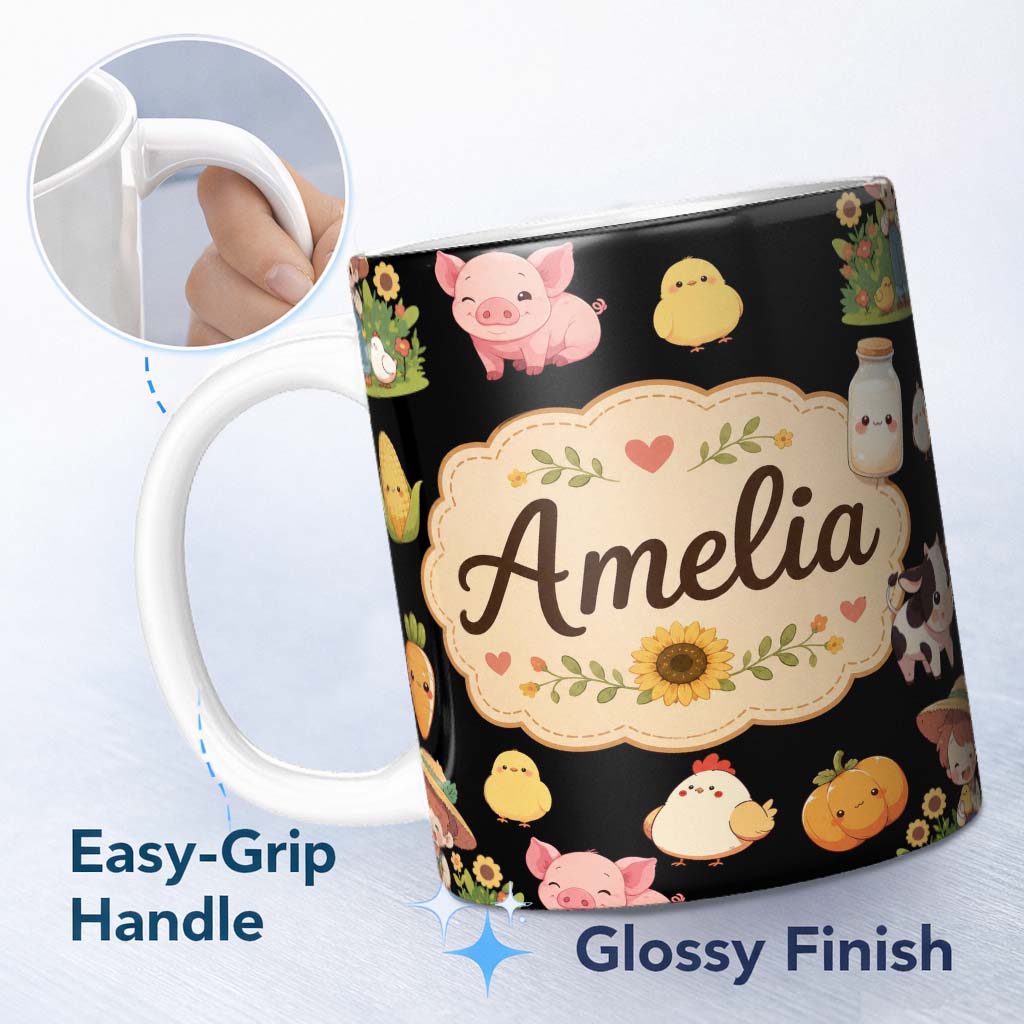 Personalized Custom Name Cute Farm Girl Animals Harvest Seamless Pattern Black Background 11oz Ceramic Coffee Tea Mug White Large Handle