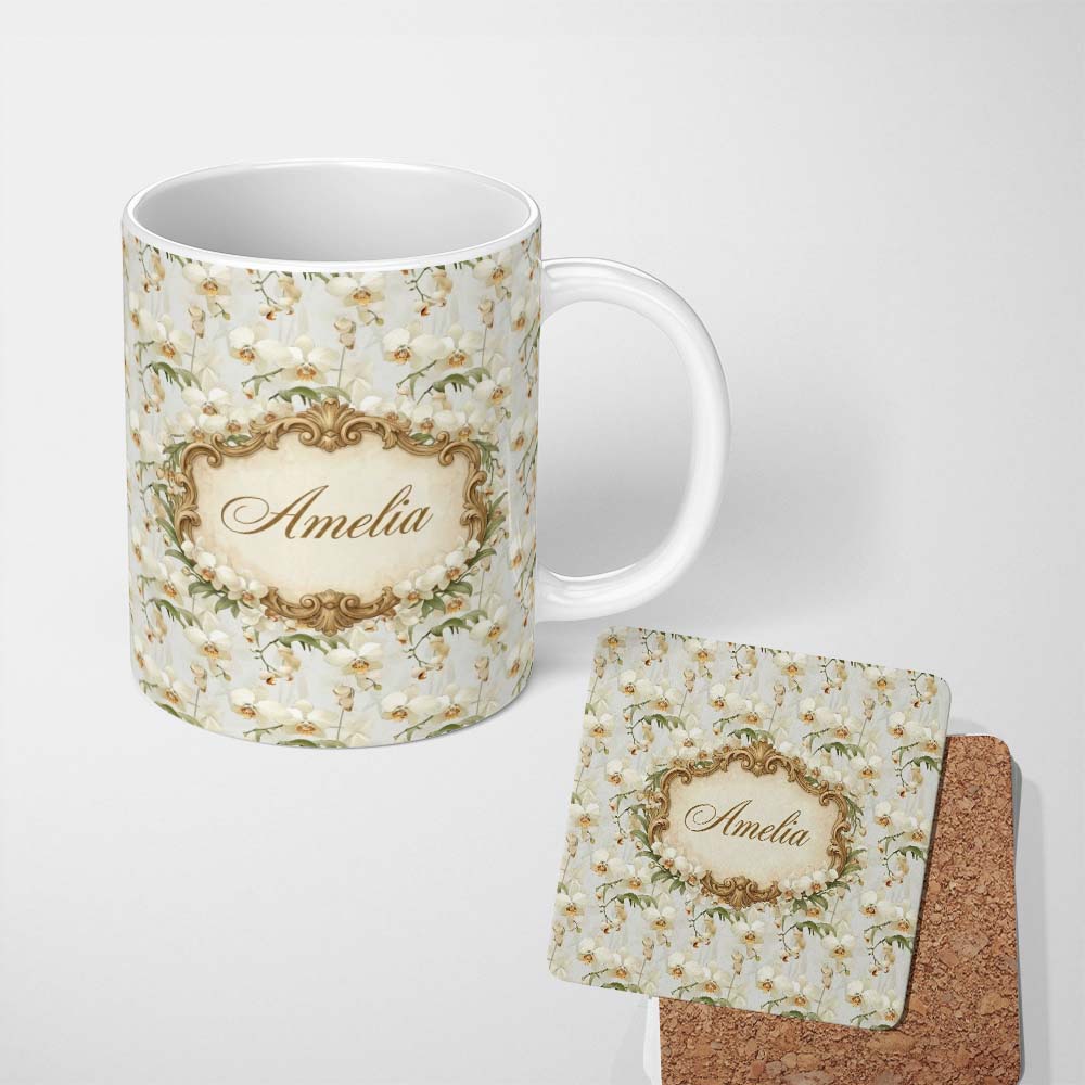 Personalized Custom Name Cream Orchid Floral Soft Neutral Background Delicate Botanical 11oz Ceramic Coffee Tea Mug White Large Handle