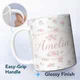 Personalized Custom Name Soft Pink Watercolor Roses Floral Elegant Seamless Pattern Lovely 11oz Ceramic Coffee Tea Mug White Large Handle
