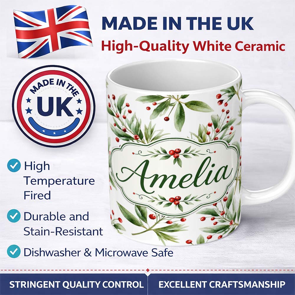 Personalized Custom Name Green Leaves Red Berry Botanical Elegant Seamless Pattern Lovely 11oz Ceramic Coffee Tea Mug White Large Handle