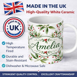 Personalized Custom Name Green Leaves Red Berry Botanical Elegant Seamless Pattern Lovely 11oz Ceramic Coffee Tea Mug White Large Handle