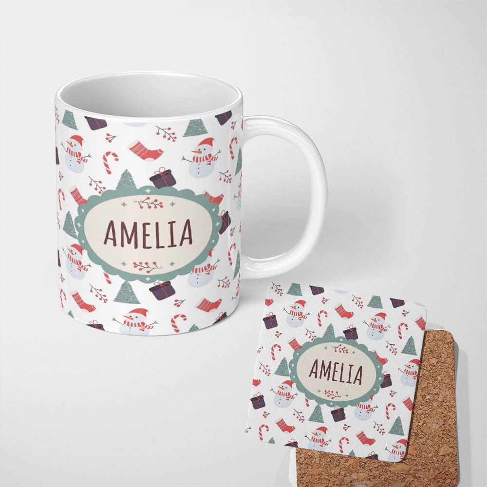 Personalized Custom Name Cute Snowman Candy Cane Gifts and Christmas Tree Minimal Seamless 11oz Ceramic Coffee Tea Mug White Large Handle