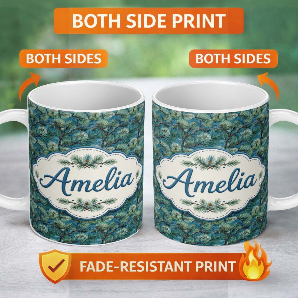Personalized Custom Name Pine Branch Pattern with Dense Needles on Teal Background Lovely 11oz Ceramic Coffee Tea Mug White Large Handle