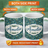 Personalized Custom Name Pine Branch Pattern with Dense Needles on Teal Background Lovely 11oz Ceramic Coffee Tea Mug White Large Handle