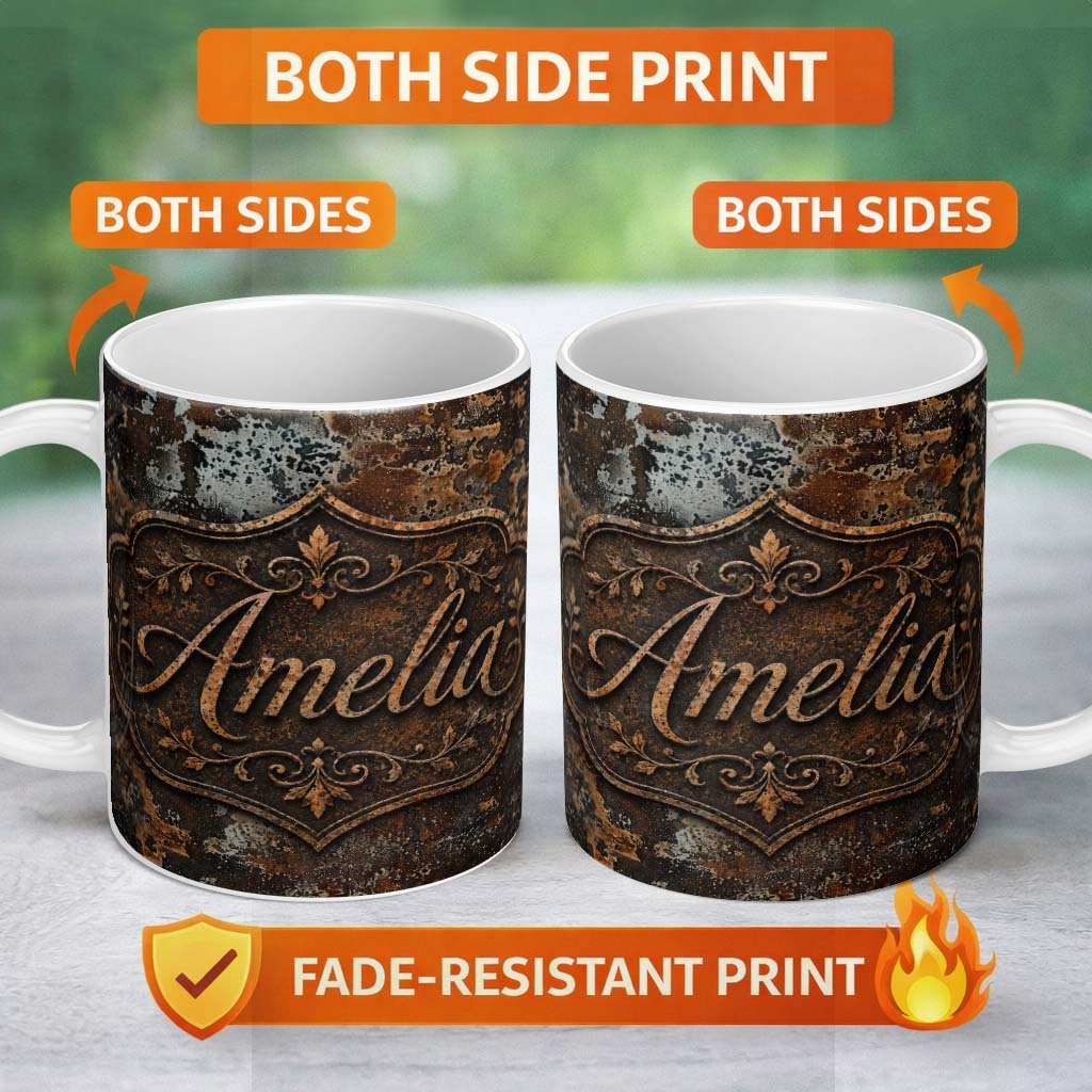 Personalized Custom Name Speckled Rust Texture Dark Industrial Surface Seamless Pattern 11oz Ceramic Coffee Tea Mug White Large Handle