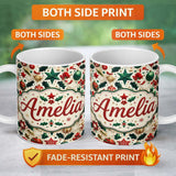 Personalized Custom Name Festive Christmas Star Ornaments Holly Leaves Seamless Pattern 11oz Ceramic Coffee Tea Mug White Large Handle