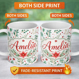 Personalized Custom Name Elegant Poinsettia Floral Holiday Botanical Seamless Pattern Lovely 11oz Ceramic Coffee Tea Mug White Large Handle