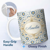 Personalized Custom Name Traditional Blue Floral Vine Pattern Cream Background Seamless 11oz Ceramic Coffee Tea Mug White Large Handle