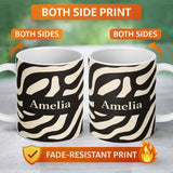 Personalized Custom Name Fluid Zebra Waves Black Cream Organic Stripe Pattern Lovely 11oz Ceramic Coffee Tea Mug White Large Handle