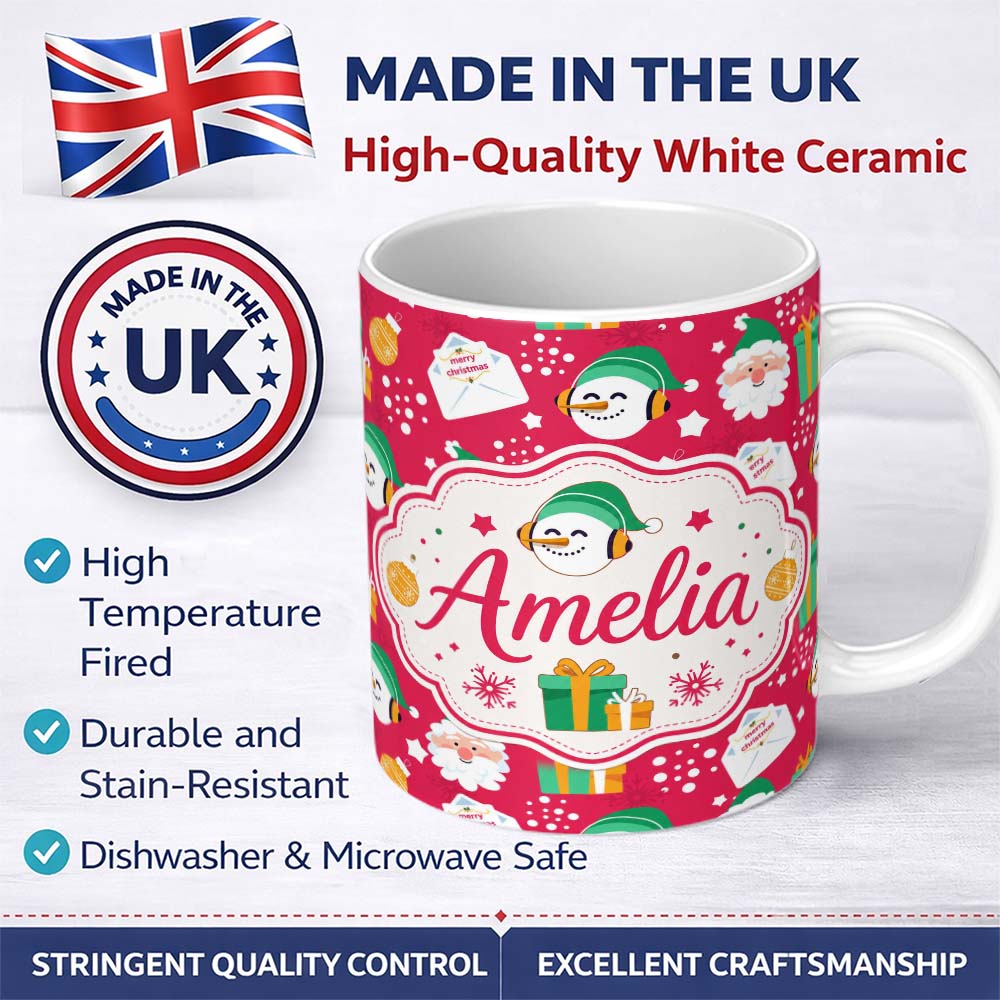 Personalized Custom Name Cute Santa Snowman Gift Merry Christmas Seamless Pattern Lovely 11oz Ceramic Coffee Tea Mug White Large Handle