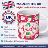 Personalized Custom Name Cute Santa Snowman Gift Merry Christmas Seamless Pattern Lovely 11oz Ceramic Coffee Tea Mug White Large Handle