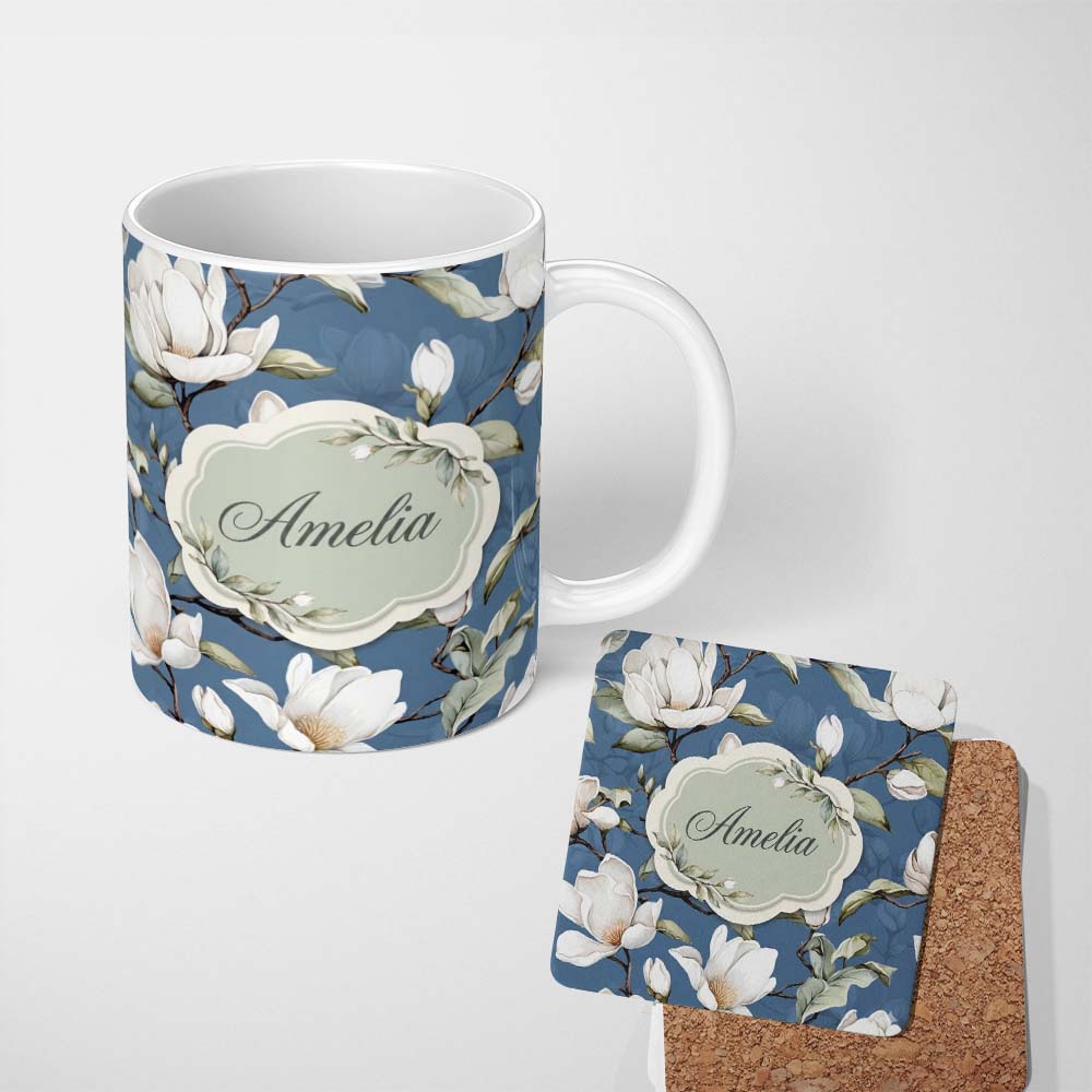 Personalized Custom Name Elegant White Magnolia Flowers on Blue Background Seamless Pattern 11oz Ceramic Coffee Tea Mug White Large Handle