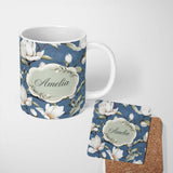 Personalized Custom Name Elegant White Magnolia Flowers on Blue Background Seamless Pattern 11oz Ceramic Coffee Tea Mug White Large Handle