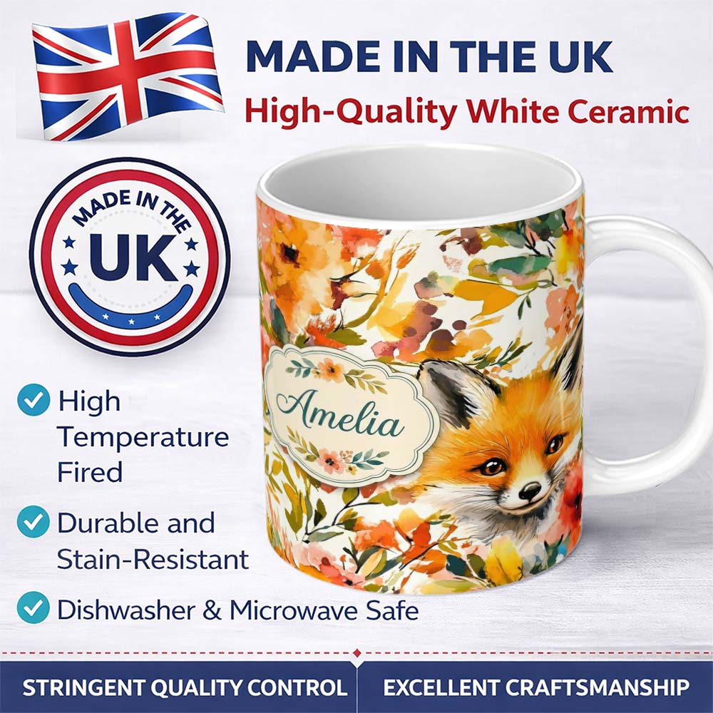 Personalized Custom Name Watercolor Fox Floral Artistic Pattern Stylish Everyday Mug Lovely 11oz Ceramic Coffee Tea Mug White Large Handle