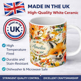 Personalized Custom Name Watercolor Fox Floral Artistic Pattern Stylish Everyday Mug Lovely 11oz Ceramic Coffee Tea Mug White Large Handle