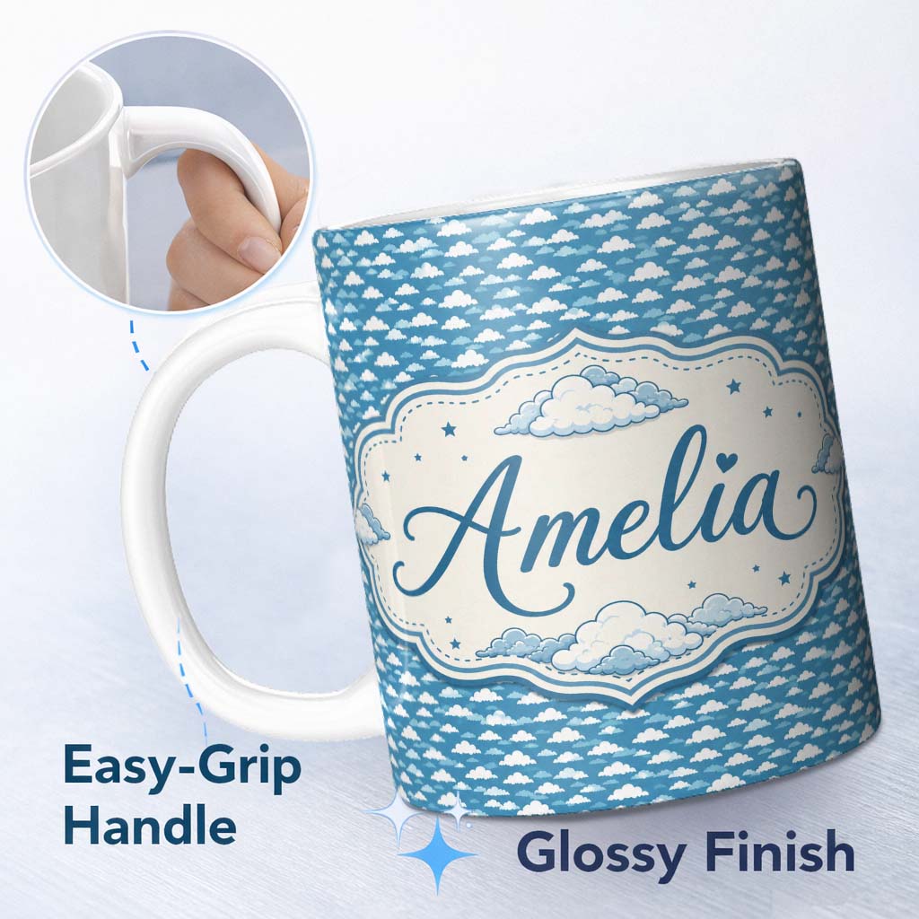 Personalized Custom Name Dense Cloud Pattern Blue Tones Small Scale Seamless Design Lovely 11oz Ceramic Coffee Tea Mug White Large Handle