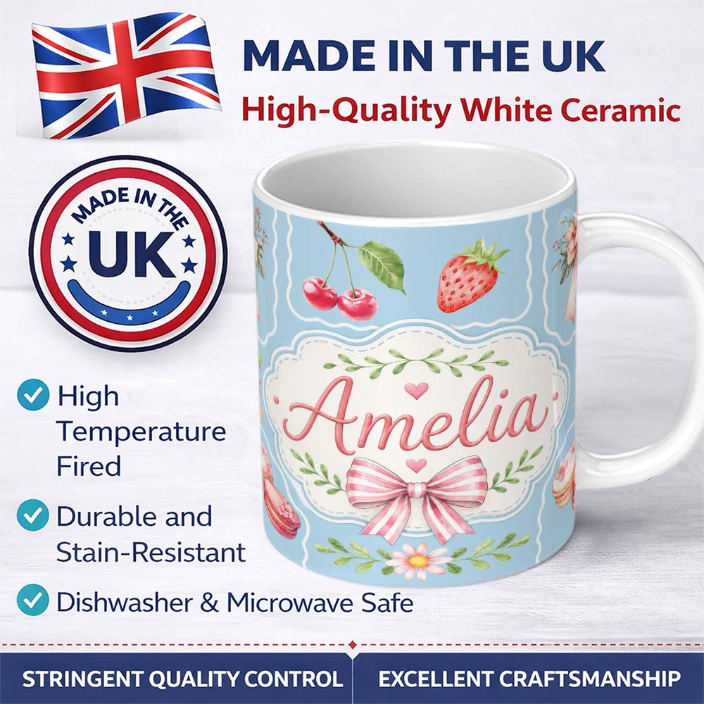 Personalized Custom Name Cute Strawberry Cherry Ribbon Bow Sweet Dessert Pattern Dusty Blue 11oz Ceramic Coffee Tea Mug White Large Handle