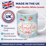 Personalized Custom Name Cute Strawberry Cherry Ribbon Bow Sweet Dessert Pattern Dusty Blue 11oz Ceramic Coffee Tea Mug White Large Handle