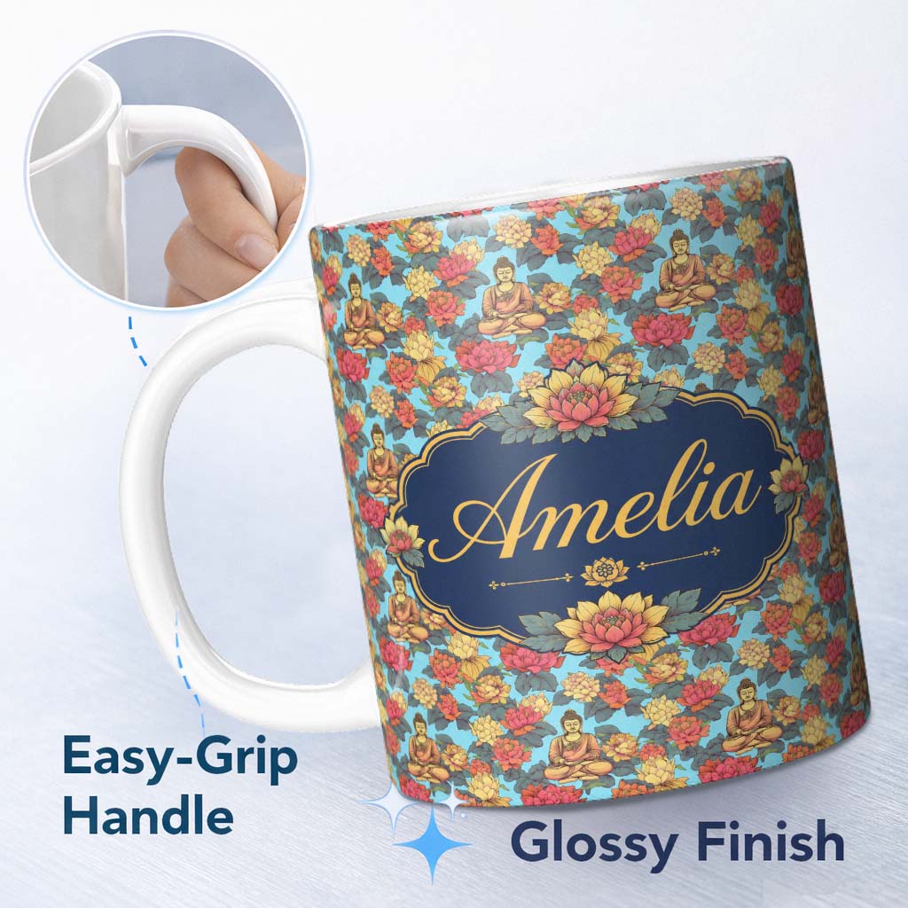 Personalized Custom Name Buddha with Vibrant Floral Garden Blue Background Seamless Pattern 11oz Ceramic Coffee Tea Mug White Large Handle