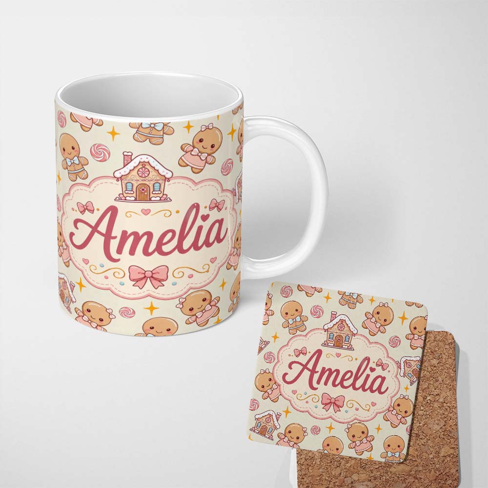 Personalized Custom Name Cute Christmas Gingerbread Candy House Gifts Seamless Pattern Cream 11oz Ceramic Coffee Tea Mug White Large Handle