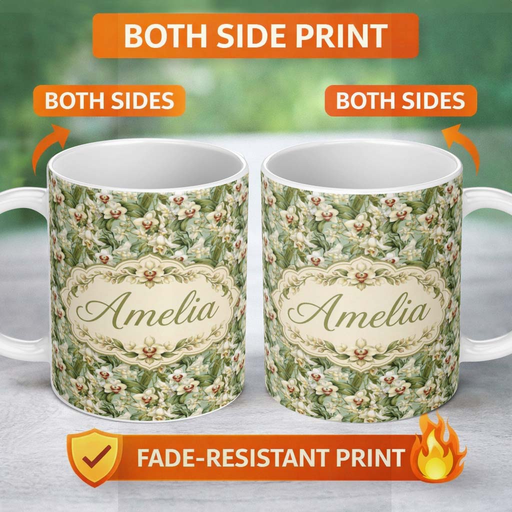 Personalized Custom Name Ivory and Green Orchid Botanical Pattern on Sage Background Elegant 11oz Ceramic Coffee Tea Mug White Large Handle