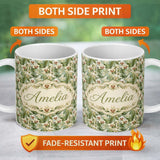 Personalized Custom Name Ivory and Green Orchid Botanical Pattern on Sage Background Elegant 11oz Ceramic Coffee Tea Mug White Large Handle