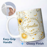 Personalized Custom Name Yellow Sunflowers with Soft Botanical Background Seamless Pattern 11oz Ceramic Coffee Tea Mug White Large Handle