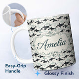 Personalized Custom Name Orca Whale Seamless Pattern Minimal Ocean Marine Design Lovely 11oz Ceramic Coffee Tea Mug White Large Handle