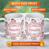 Personalized Custom Name Romantic Couple Kissing Floral Bouquet Hearts Seamless Pattern Grey 11oz Ceramic Coffee Tea Mug White Large Handle