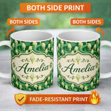 Personalized Custom Name Abstract Green Swirl Background with Vanilla Ice Cream Cones Modern 11oz Ceramic Coffee Tea Mug White Large Handle