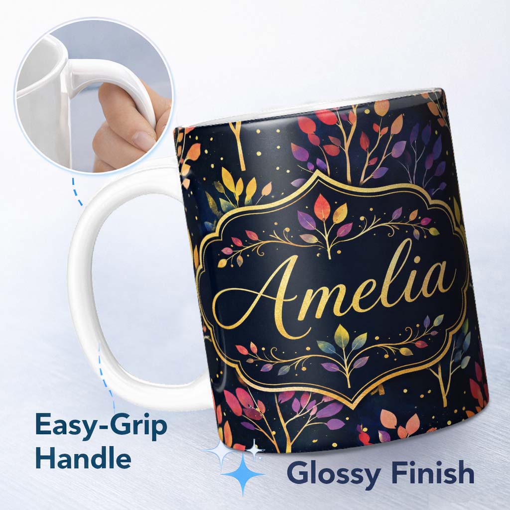 Personalized Custom Name Colorful Gradient Leaves and Branches on Dark Night Background 11oz Ceramic Coffee Tea Mug White Large Handle
