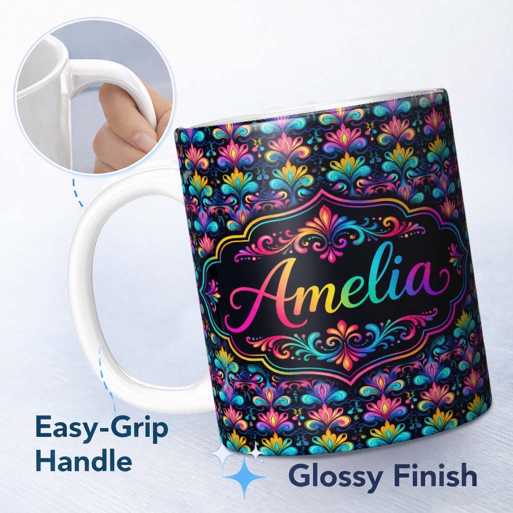Personalized Custom Name Bright Psychedelic Floral Scroll Damask Seamless Pattern Lovely 11oz Ceramic Coffee Tea Mug White Large Handle