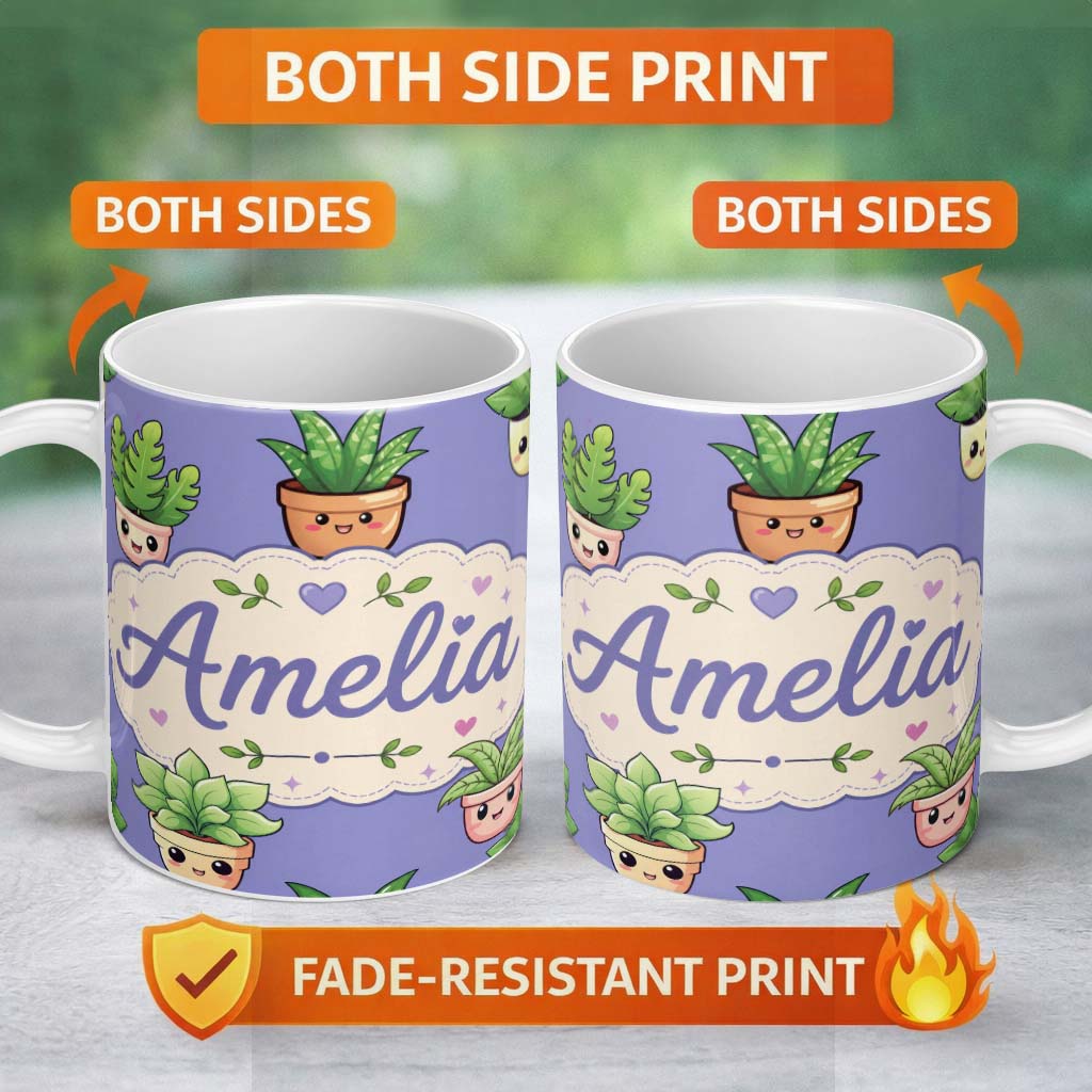 Personalized Custom Name Cute Kawaii Smiling Plant Pots Leaves Seamless Pattern Purple Lovely 11oz Ceramic Coffee Tea Mug White Large Handle