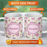 Personalized Custom Name Cute Pink Plant Pots Leaves Strawberry Seamless Pattern Cream Lovely 11oz Ceramic Coffee Tea Mug White Large Handle