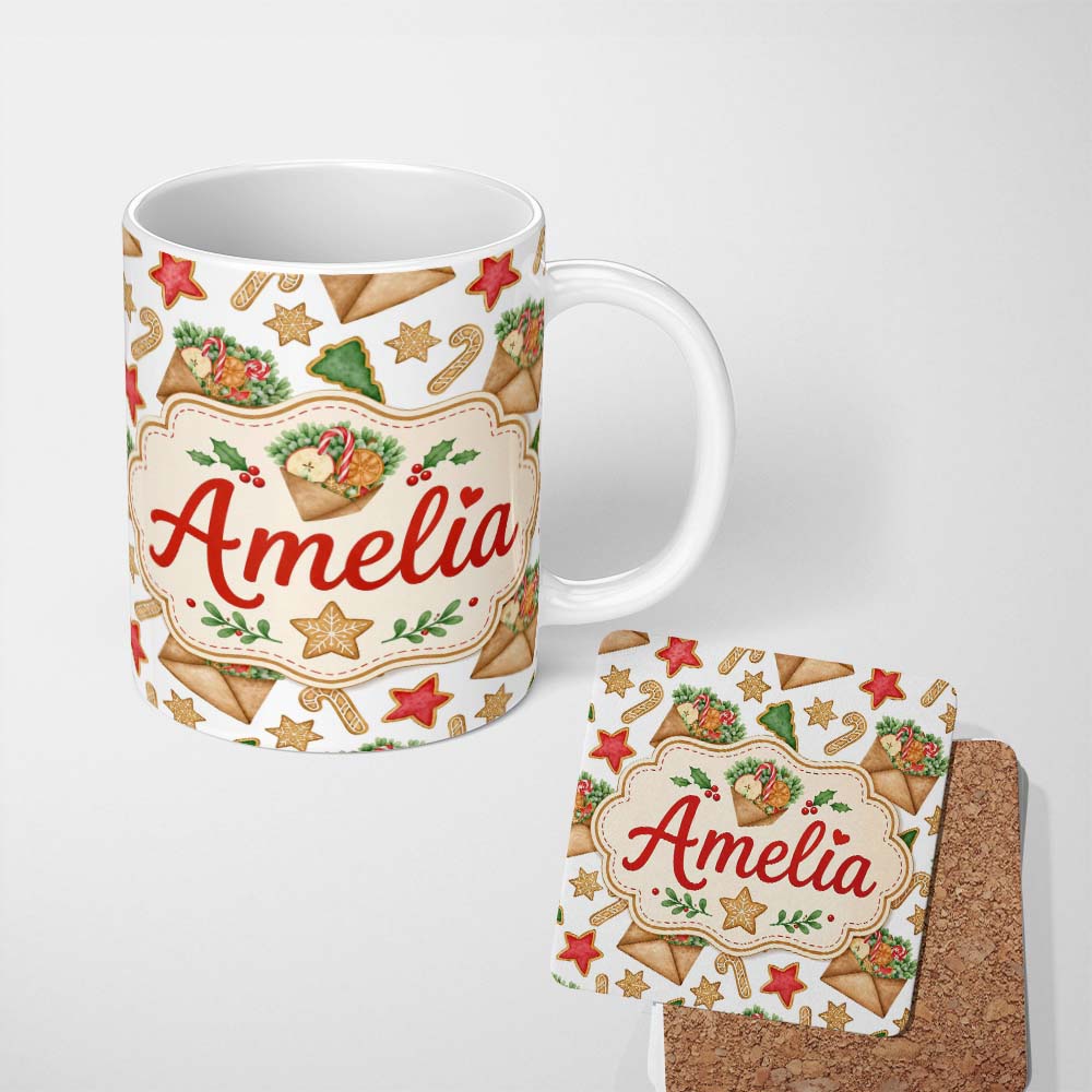 Personalized Custom Name Watercolor Christmas Cookies Candy Cane Envelope Seamless Pattern 11oz Ceramic Coffee Tea Mug White Large Handle