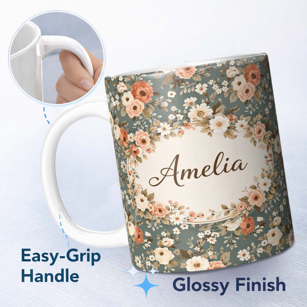 Personalized Custom Name Vintage Floral Rose Pattern Sage Green Background Seamless Design 11oz Ceramic Coffee Tea Mug White Large Handle