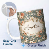 Personalized Custom Name Vintage Floral Rose Pattern Sage Green Background Seamless Design 11oz Ceramic Coffee Tea Mug White Large Handle