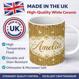 Personalized Custom Name Gold Grid Christmas Tree Glitter Seamless Pattern Design Festive 11oz Ceramic Coffee Tea Mug White Large Handle