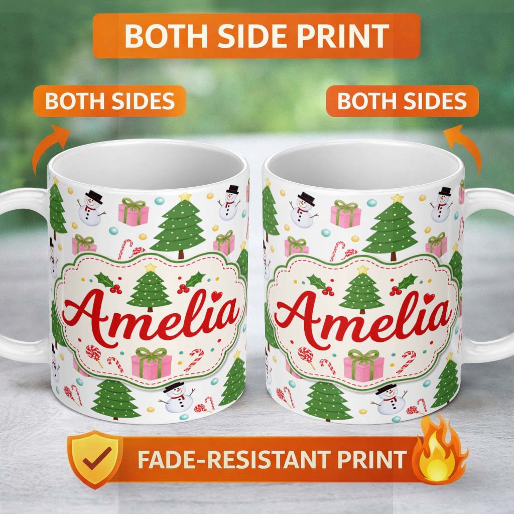 Personalized Custom Name Cute Christmas Tree Snowman Candy Cane Gift Seamless Pattern Lovely 11oz Ceramic Coffee Tea Mug White Large Handle