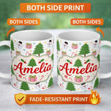 Personalized Custom Name Cute Christmas Tree Snowman Candy Cane Gift Seamless Pattern Lovely 11oz Ceramic Coffee Tea Mug White Large Handle